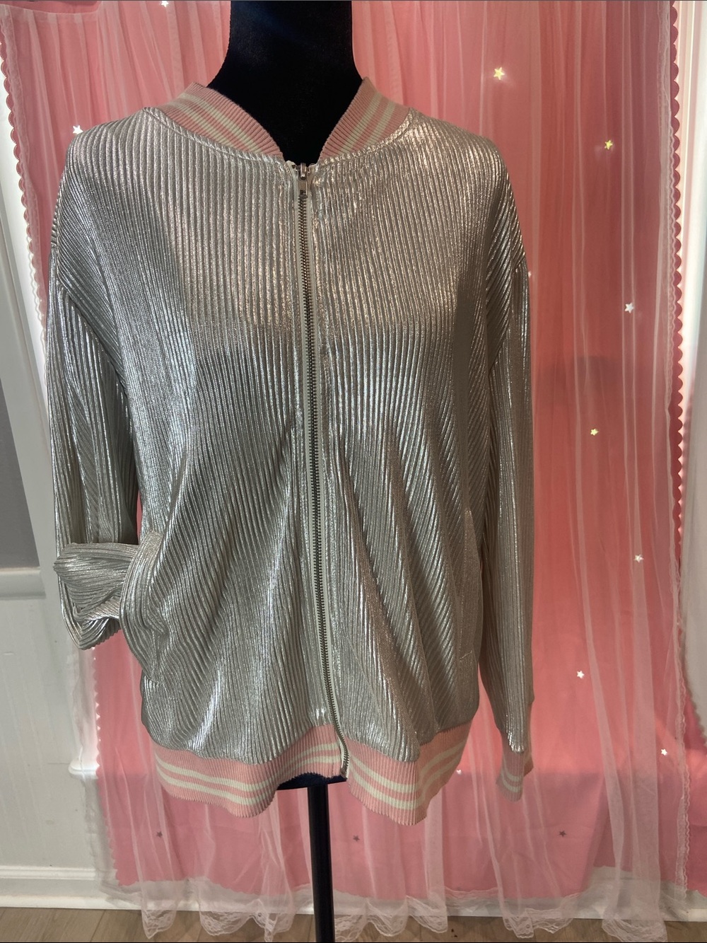 Chelsea & Violet Metallic Silver Bomber Jacket with Pink Trim size L
